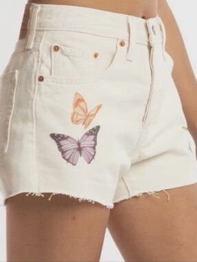 Levis 501 Buttonfly White Butterfly Print Denim Shorts -Shorts